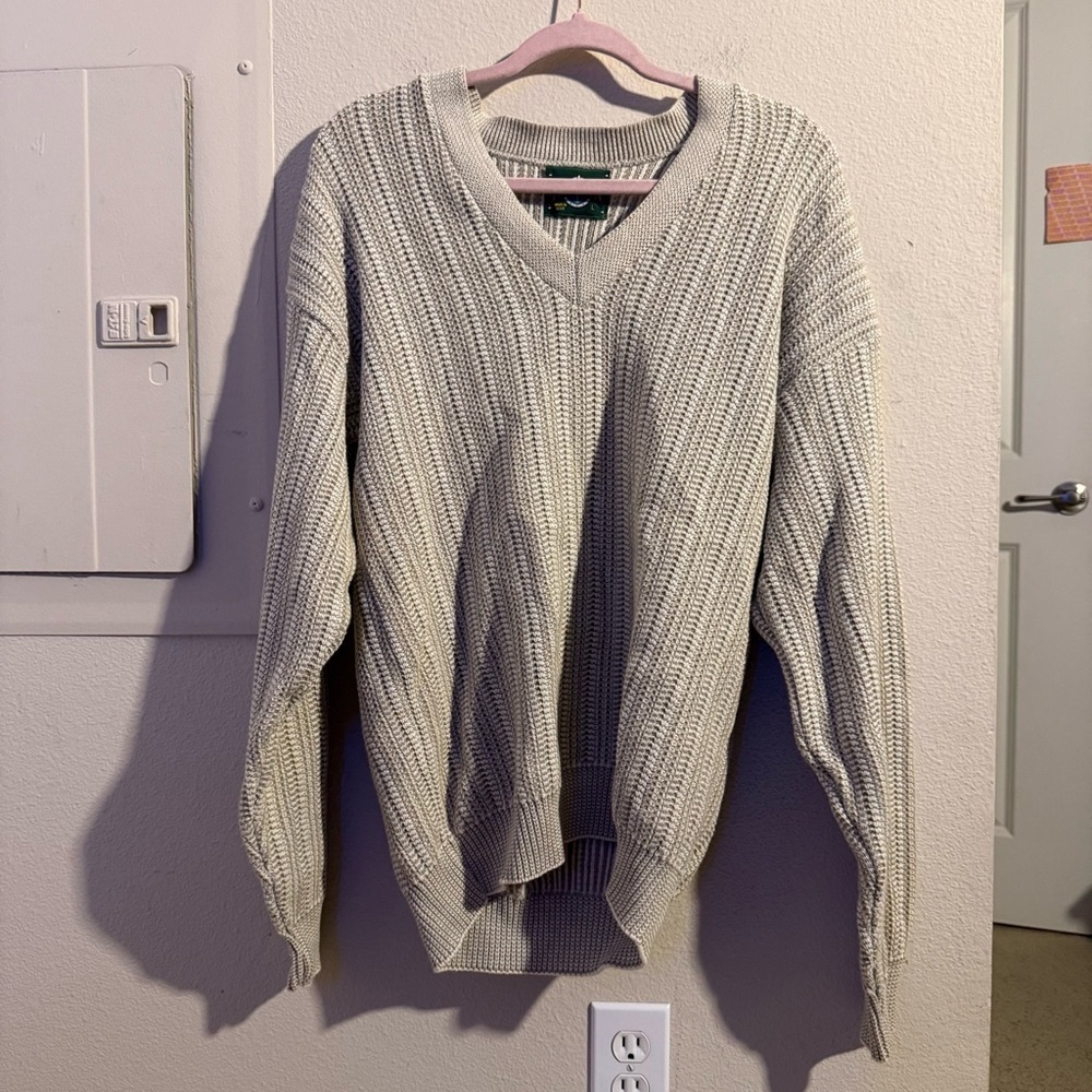 Vintage Jantzen USA Cotton V-Neck Chunky Knit Sweater Beige Size L